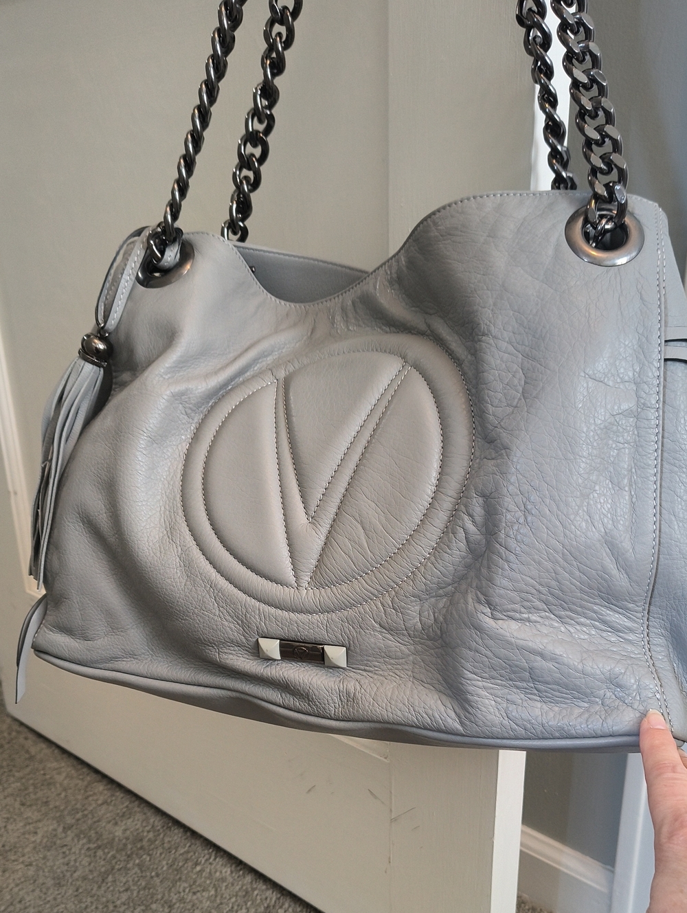 Valentino Light Gray Leather Chain-Handle Tote with Tassel